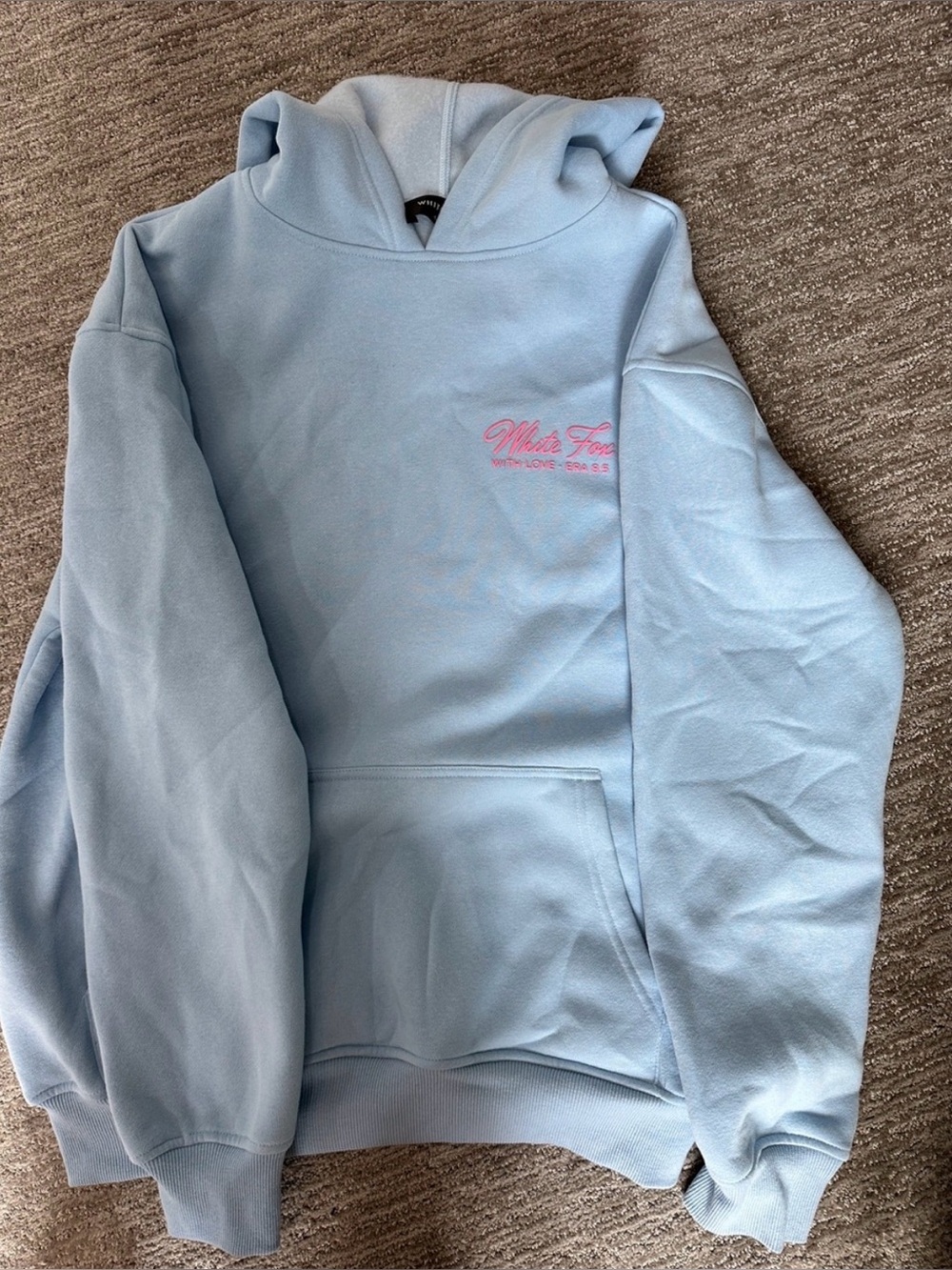 White Fox Hoodie in Light Blue with Pink Lettering